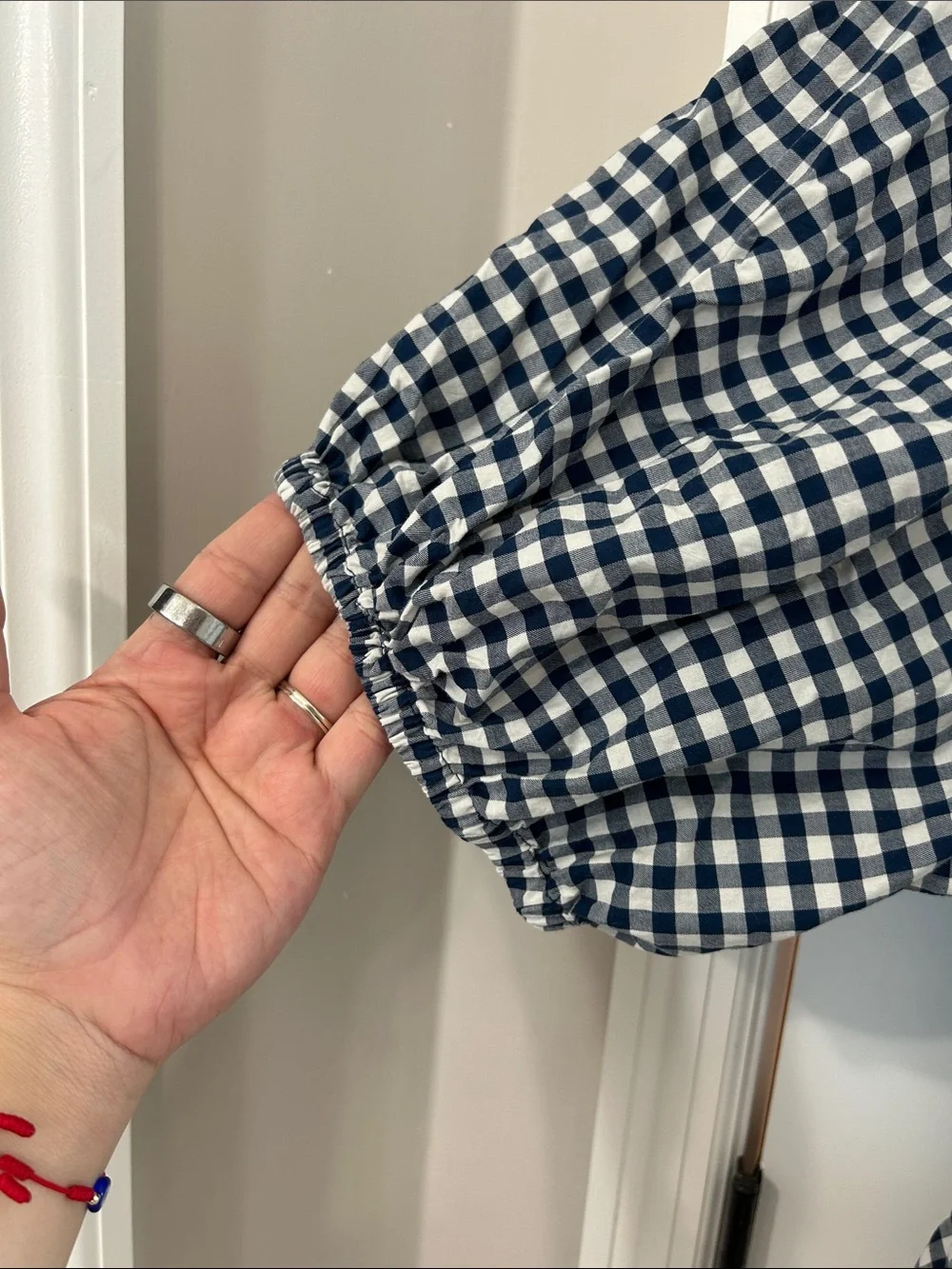 Old Navy Navy and White Gingham Puff-Sleeve Peplum Blouse